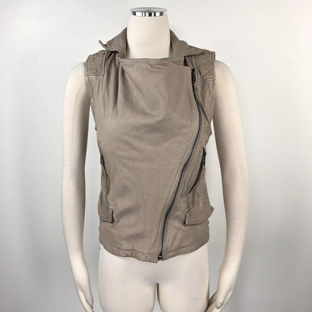 AllSaints Vest 6 Tan Leather Stanton Moto Biker 10